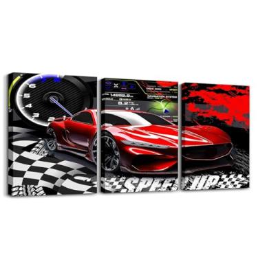 Imagem de Feelyou Pintura de parede de carro de corrida vermelho infantil arte de parede de carro esportivo velocidade meninos meninas carro de corrida arte de parede para sala de estar quarto esportes radicais