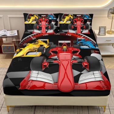 Imagem de AILONEN Jogo de lençol Queen de carro de corrida vermelho, grade preta e branca para esportes radicais, padrão de discagem rápida, 1 lençol com elástico, 2 fronhas, 3 peças, microfibra macia