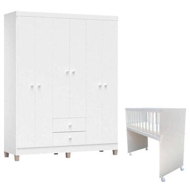 Imagem de Mini Berço Moisés Alegria Com Colchão E Guarda Roupa Ternura Baby 6 Portas Branco Brilho - Incorplac