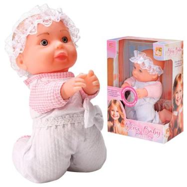 Imagem de Boneca Bless Baby Religiosa Com Som Roupa Delicada Tiara Rendada E Des