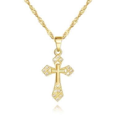 Imagem de TECYOW Colar de cruz de ouro 14K para mulheres, colar com pingente de cruz, design de camada dupla com corrente de cruz de zircônia para mulheres