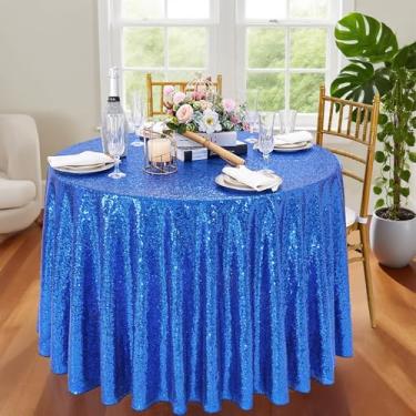 Imagem de B-COOL Toalha de mesa redonda de lantejoulas – Toalha de mesa azul royal de 277 cm, capa de mesa de festa para casamento, banquete, jantar e decoração de mesa de aniversário