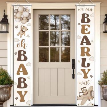 Imagem de Urso neutro decorações de festa de chá de bebê We Can Bearly Wait Letreiro de varanda banner revelador de gênero sinal de varanda para festa de bebê de boas-vindas gênero neutro urso foto adereços
