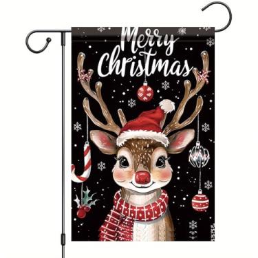 Imagem de Saoplasa Bandeira de jardim de Natal Feliz Natal Rena 30,5 x 45,7 cm Faixa dupla face para quintal externo com ornamentos de chapéu de Papai Noel e flocos de neve para decoração de casa de fazenda