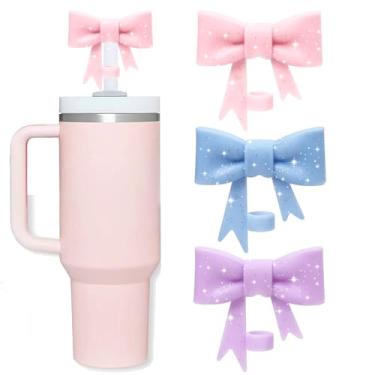 Imagem de Oddyami Cobertura de canudo de laço para Stanley Cup, topo de palha rosa com glitter de silicone para copo com alça 30/1,134 g, tampa de canudos fofos de 10 mm, tampas de canudos reutilizáveis para