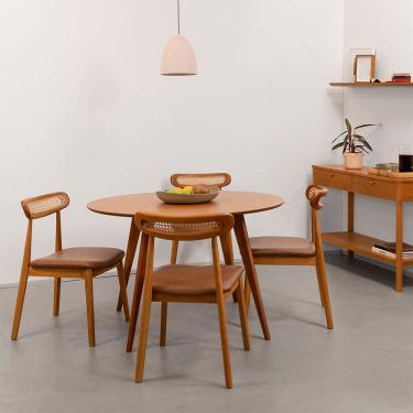 Imagem de Conjunto Mesa de Jantar Square Laminada Redonda Natural - 1,18cm + 4 Cadeiras Dalí Encosto Palha Larga - Cognac