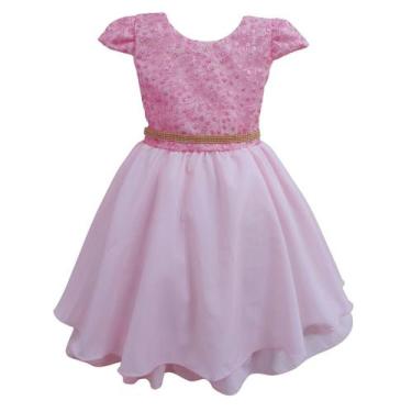 Imagem de Vestido Juvenil Curto Bordado Saia Lisa Com Cinto Dourado - Lele Encan