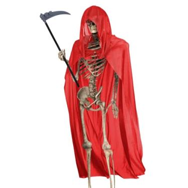 Imagem de Roupas de esqueleto do Ceifador de Dia das Bruxas de 30 metros - com capa e foice vermelha com capuz premium, para decoração de fantasias de Halloween ao ar livre (esqueleto gigante não incluído)