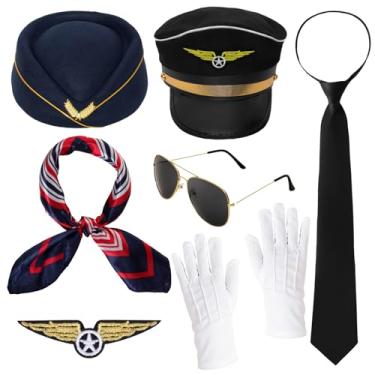 Imagem de Gvhntk Fantasia de Capitão Piloto Comissária de Bordo, Acessórios de Aeromoça, Chapéu de Óculos de Sol Cachecol para Festa de Halloween e Cosplay Adulto