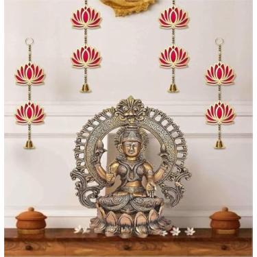 Imagem de ZIG ZAG Pacote com 4 latkan de lótus duplo com sinos feitos à mão para pendurar na parede de lótus, ideal para casa, Diwali, Natal, Pooja, decoração de casamento e festival, rosa, 38 cm,