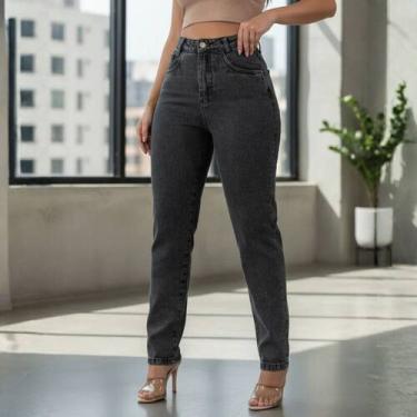 Imagem de Calça Mom Jeans Feminina Cintura Alta Cinza Grafite Premium - NoBrand,