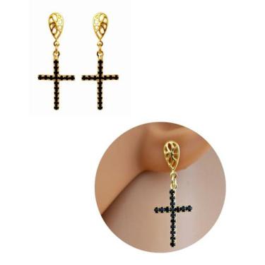 Imagem de Brinco Pingente Cruz Preto Folheado Ouro 18k Antialérgico - MIXFOLHEAD