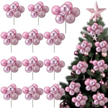 Imagem de Soulchen Pacote com 12 bolas de Natal de 5 cm, enfeite de árvore de Natal inquebrável com haste com fio, bolas de glitter fosco para festas de ano novo, guirlanda de centro de mesa (rosa)