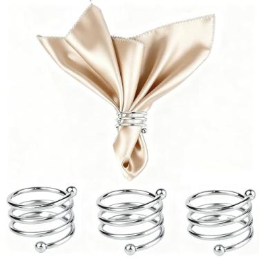 Imagem de 3 anéis de guardanapo dourados e prateados, conjunto de 3 porta-guardanapos redondos para guardanapos de pano para festa