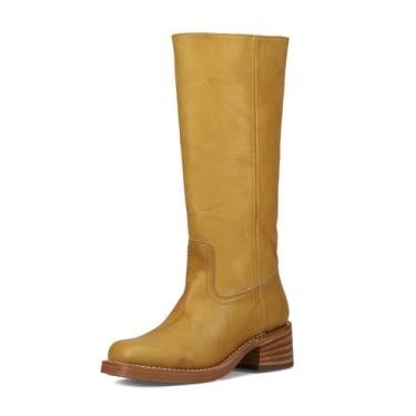 Imagem de Frye Botas altas femininas icônicas Campus 14L feitas de couro Montana emblemático com estrutura Goodyear Welt e salto de couro empilhado – Altura do cano de 33 cm, Banana, 38