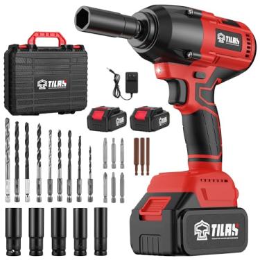 Imagem de TILAX Chave de impacto sem fio 750 Nm 1/5.1 cm alto torque 21V 2x 4,0Ah bateria elétrica pistola de impacto motor sem escova 2300RPM carregador rápido 5 soquetes para porcas de carro