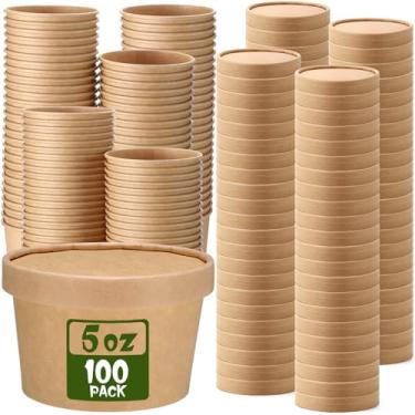 Imagem de Fulmoon Embalagem com 100 recipientes de sopa de papel com tampas, recipientes descartáveis para alimentos com tampas ventiladas, tigelas de sorvete, copos de sorvete, copos de sopa para restaurantes