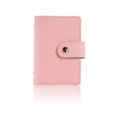 Imagem de Porta-cartões de visita, estojo de couro PU, porta-cartões de crédito, porta-cartões de identificação para homens e mulheres, capacidade para cerca de 26 cartões, rosa
