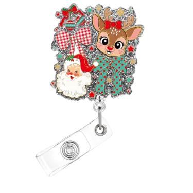 Imagem de Carretel de crachá de Natal, lindo crachá de acrílico de Papai Noel para crachá de identificação, suporte retrátil de arco telescópico, acessórios de clipe de jacaré para enfermeiras, trabalhadores