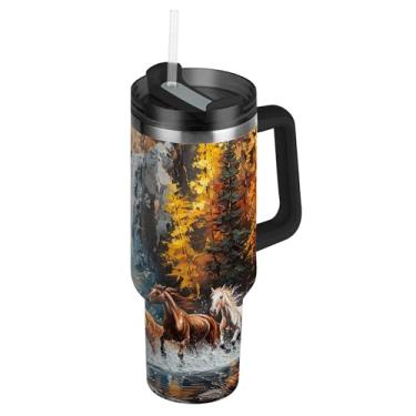 Imagem de SEHANY Copo Majestic Horse de 850 g com tampa e canudo, aço inoxidável de vácuo duplo isolado garrafa de água esportiva suporte de copo de café de viagem à prova de vazamento para bebida gelada