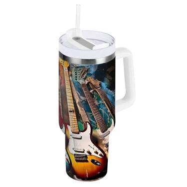 Imagem de xigua Music Notes Copo de 1,134 g com tampa e canudo, aço inoxidável de vácuo duplo isolado garrafa de água esportiva suporte para copo de café de viagem à prova de vazamento para bebida gelada