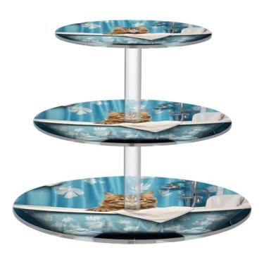 Imagem de Blueangle Suporte redondo de cupcake de 3 camadas – Torre de sobremesa acrílica para gatos para banheira, suporte de sobremesa em camadas antiderrapante para chá de bebê, aniversário, festa de