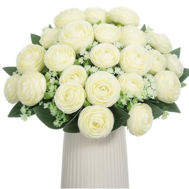 Imagem de FineCheer Pacote com 4 buquê de camélia artificial de rosas, camélias brancas e flores de rosa de 28 cm com 5 ramos e 10 botões para mesa de casamento para dia dos namorados, decoração de vaso de casa