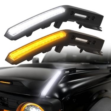 Imagem de CFDSDE Faróis de neblina LED para Ford Bronco 2021 2022 2023 2024 Luzes de mira de trilha DRL com seta âmbar para acessórios Bronco Luzes diurnas LED (luz LED de capô de alumínio)