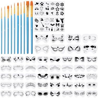 Imagem de Kit de 68 estênceis de pintura facial, 48 estênceis de pintura facial, 10 adesivos e 10 pincéis de pintura, máscara de Halloween, modelos de maquiagem reutilizáveis para crianças, arte de desenho DIY (estilo estranho)