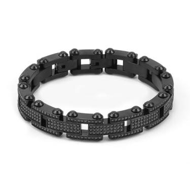 Imagem de Qing Birdee Pulseira masculina de luxo de aço inoxidável, design de corrente de zircão pavé, 13 mm de largura, 21 cm, disponível em prata, ouro, preto, One Size, Aço inoxidável, Sem Pedra Preciosa