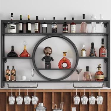 Imagem de Rack de vinho de metal de 3 camadas montado na parede suporte de exibição de ferro moderno suporte de vinho unidade de barra de garrafa de vinho de metal prateleiras flutuantes com luz LED prateleira