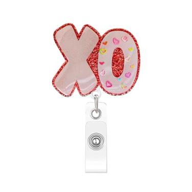 Imagem de Carretel de crachá XO para Dia dos Namorados Retrátil Vermelho Glitter Acrílico Retrátil Clipe de Crachá de Coração Clipe de Crachá de Dia dos Namorados Porta-crachá para Enfermeira, Doutora