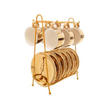 Imagem de Conjunto 6 xícaras 90 ml para café de porcelana branco/dourado com pir
