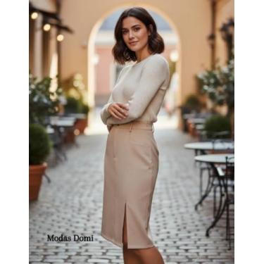 Imagem de MODAS DOMI Saia Midi Alfaiataria Com Fenda Lateral 0125, Bege, P