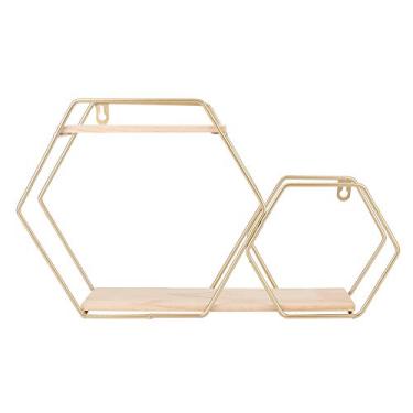 Imagem de Prateleiras hexagonais flutuantes montadas na parede ZPSHYD, prateleiras flutuantes hexagonais montadas na parede prateleiras douradas com armação de metal para decoração de escritório em casa (ouro)