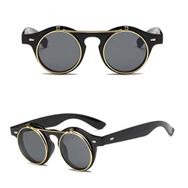 Imagem de Moda Vintage Redondo Vapor Punk Óculos de Sol Flip Up Dupla Camada Design Gótico Óculos de Sol Óculos de Sol,c2 Preto Brilhante,A
