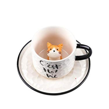 Imagem de DSFHKUYB Canecas de café gato desenho animado chá leite canecas de cerâmica fofas com animal escondido dentro da xícara da manhã bebidas quentes caneca de porcelana presente para os