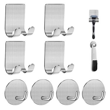 Imagem de Diesisa Suporte de barbeador para chuveiro + ganchos de parede adesivos, suporte de barbear de aço inoxidável 304 premium com ganchos resistentes à prova d'água para pendurar toalhas, casaco, chapéu (pacote com 4 + 4)