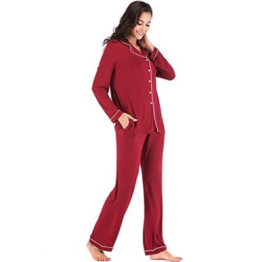 Imagem de Pijama feminino conjuntos de pijama roupa de dormir com bolso conjunto loungewear moletom pijamas roupa de dormir botão top macio, vermelho, M (60kg/165cm)