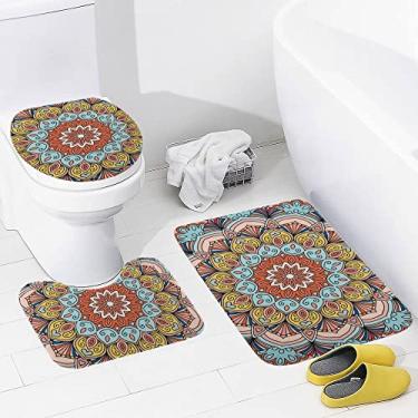 Imagem de Conjunto de 3 peças de tapetes de banheiro com flores de mandala, tapete de banheiro lavável antiderrapante, tapete de contorno e tampa para banheiro