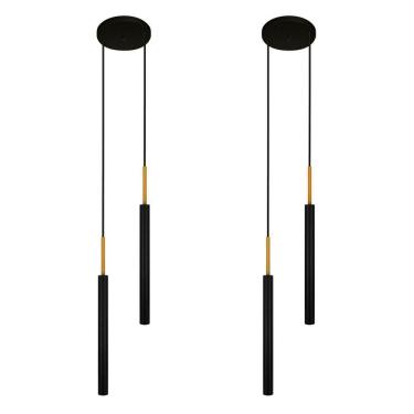 Imagem de Kit 2 Luminárias De Teto Pendente Tubo Duplo Preto Dourado