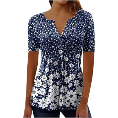 Imagem de Top Henley de verão para mulheres, renda, manga curta, botão, gola V, túnica, camiseta solta, estampada, blusa casual Havaí Na moda listrado feminino com flor floral J61-Azul escuro Small