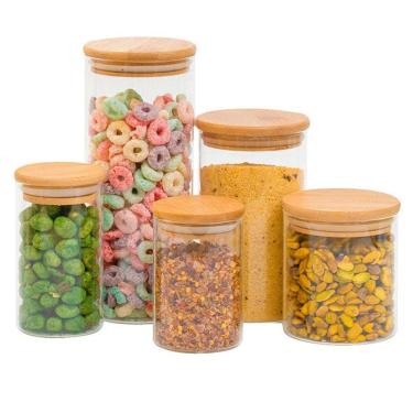 Imagem de Kit 5 potes de vidro com tampa de bambu herméticos redondos - Tüd