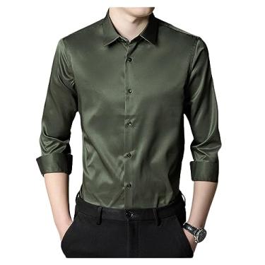 Imagem de Camisa social masculina elástica gola lapela manga longa camisa formal seda não passar a ferro, Cor 1, 3G