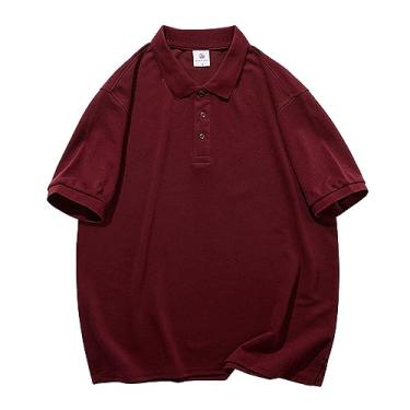 Imagem de Camisa polo masculina de cor sólida com botões de lapela e manga solta com absorção de umidade, Vinho tinto, P