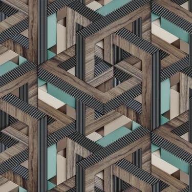 Imagem de Papel De Parede Adesivo Geométrico 3D Azul Madeira Sala Quarto    3m -