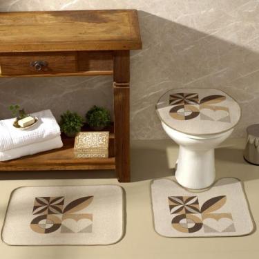 Imagem de Tapete Jogo De Banheiro Areia Antiderrapante Kit 3 Peças Geométricos -