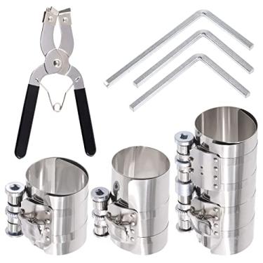 Imagem de Glarks 7 peças 7,6 cm 10,16 cm 15,24 cm Conjunto de ferramentas compressor de anel de pistão de motor de carro e alicate de anel de pistão com parafusos de segurança ajustáveis e chave para motor de carro, pistões de trator de máquina