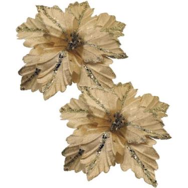 Imagem de Kit 2 Flores Artificial Madeira Glitter Dourado Natal 25cm - Genérico