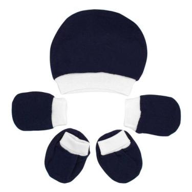 Imagem de Kit Touca, Luvas e Sapatinho Fofinho Meia Malha Azul Marinho, Azul mar